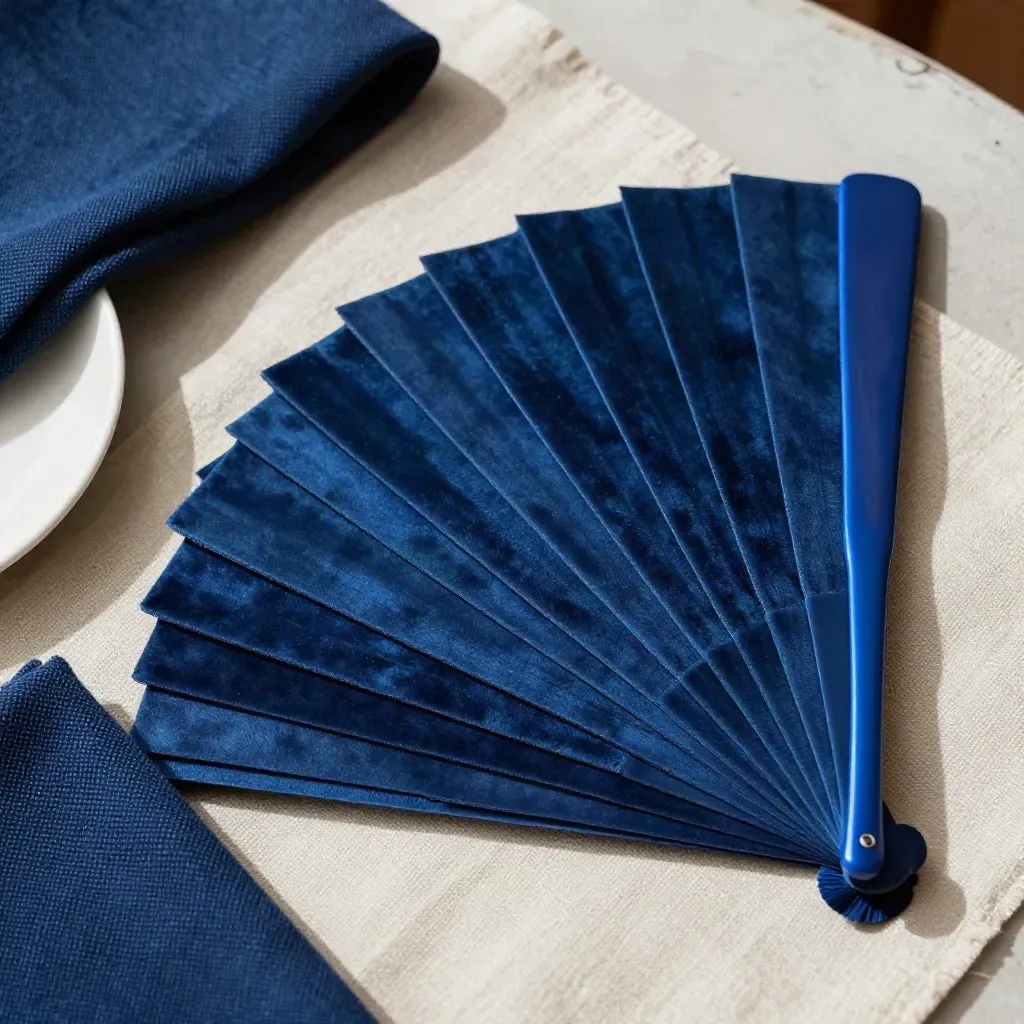 Nuancier bleu nuit en éventail sur lin crème avec coupelle en céramique et tissu sombre.