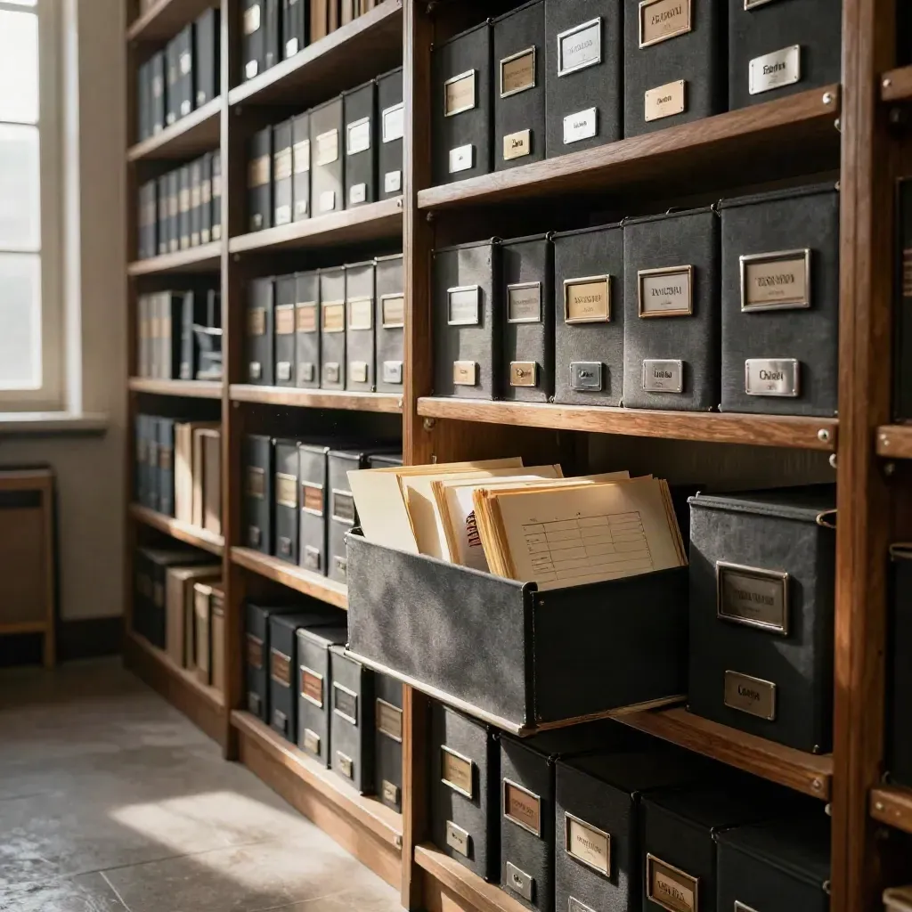 Travée d’archives françaises avec boîtes cartonnées, livres reliés et chemises entrouvertes.
