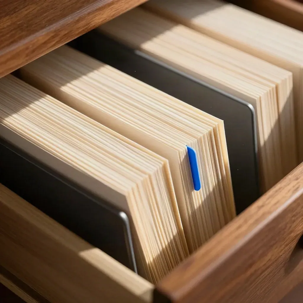 Tiroir d’archives ouvert, cartes de monogrammes en éventail, lumière dorée et accent bleu.