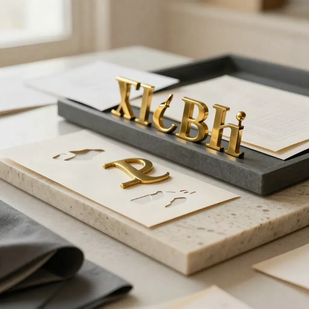 Lettres en laiton et sigles en acier sur gabarits papier dans un atelier lumineux.
