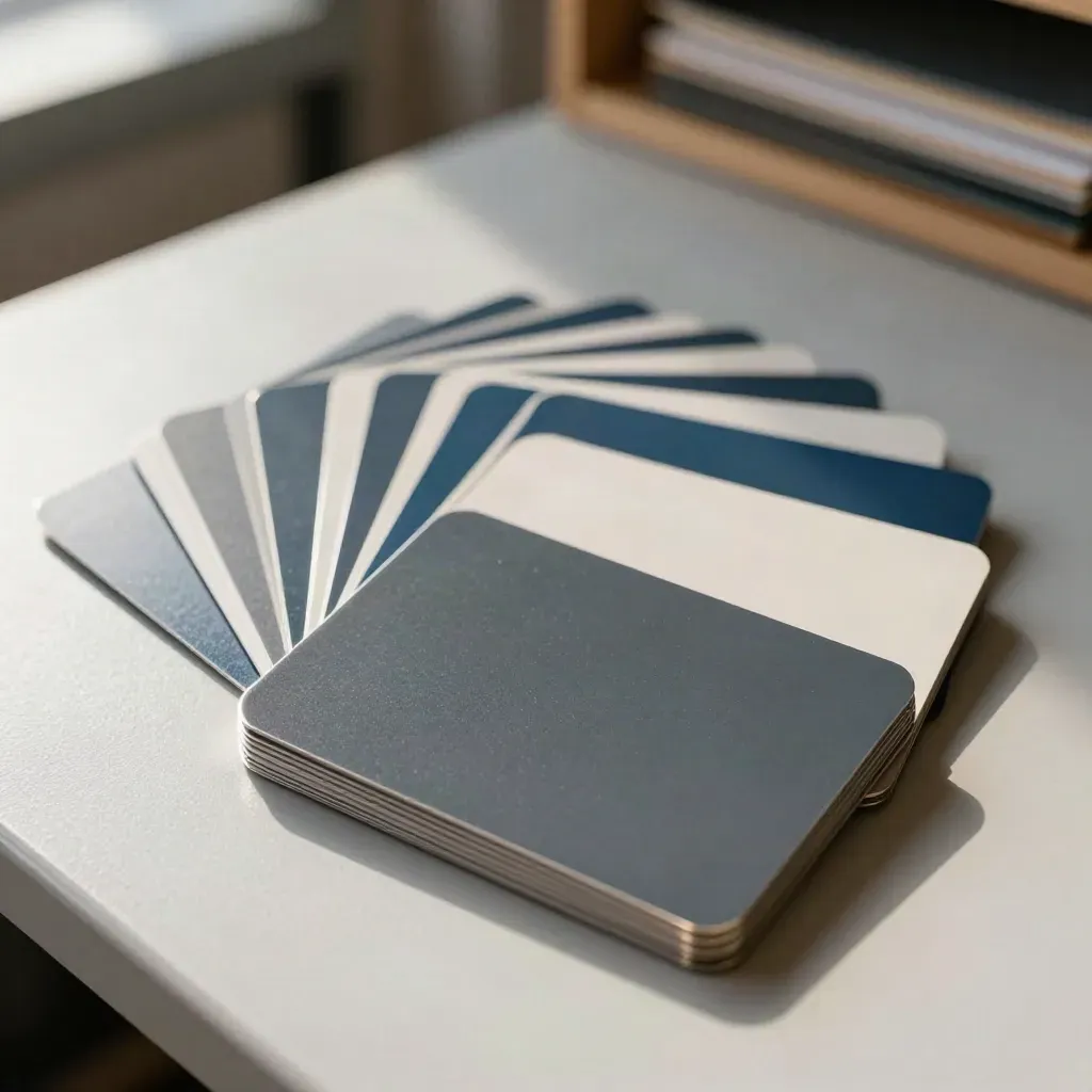 Cartes de palettes noir, bleu et crème en éventail sur une table claire.