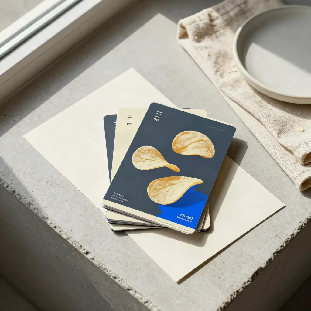 Cartes crème, bleu et graphite sur pierre claire avec tissu plié, vue zénithale.