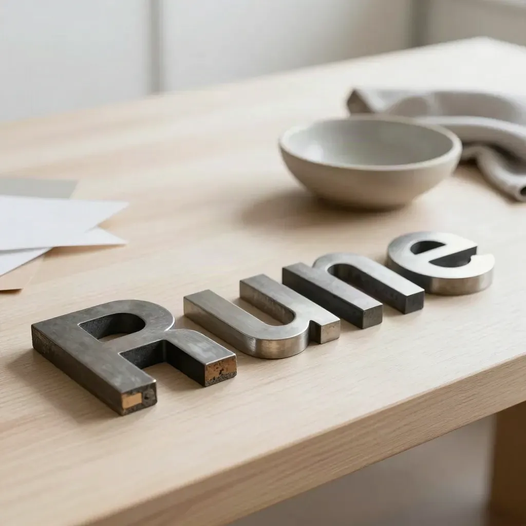 Lettres métalliques brossées, bloc d’impression et coupe en grès sur bois clair.